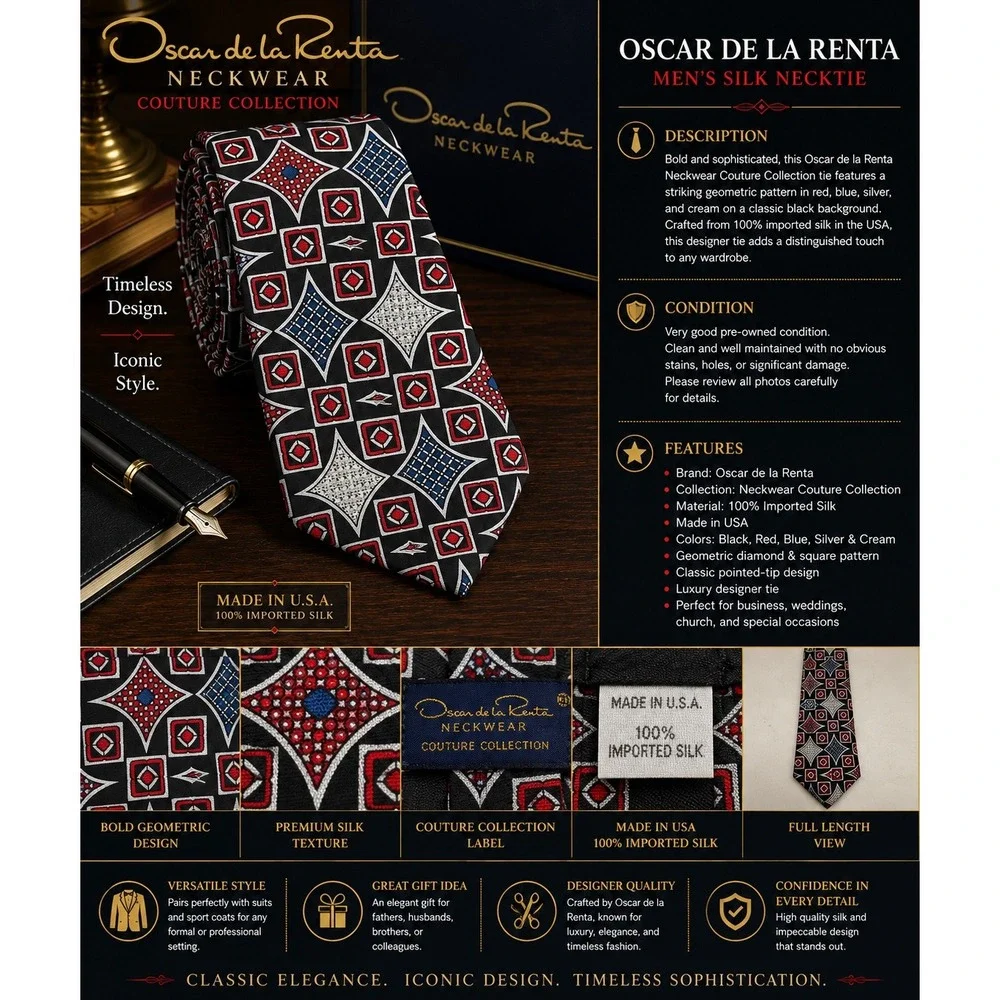 Oscar de la Renta Men's 100% Silk Tie Black Red Blue Geometric Made in USA